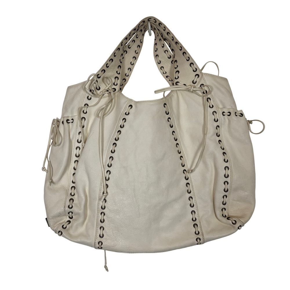 Kooba Leather Hobo Bag Womens Large Cream Whipstitch Lace Up Boho Shoulder Tote